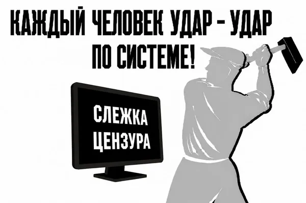 Плакат: человек разбивает молотом экран со словами «слежка» и «цензура»